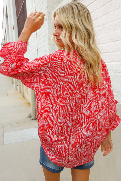 Diva Dreams Red Abstract Print Double Ruffle Sleeve Tie Blouse