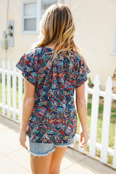 Navy Boho Print Tie Neck Raglan Top