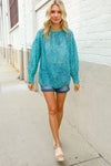 It's Your Day Aqua Semi Sheer Dot Print Back Neck Button Top