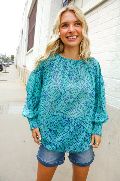 It's Your Day Aqua Semi Sheer Dot Print Back Neck Button Top