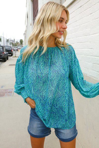 It's Your Day Aqua Semi Sheer Dot Print Back Neck Button Top