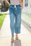 Raw Edge Denim Blue High Rise Drawstring Cropped Jeans