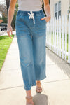 Raw Edge Denim Blue High Rise Drawstring Cropped Jeans