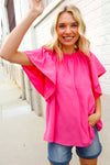 Charming You Rose Woven Frill Mock Neck Flutter Sleeve Blouse