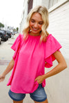 Charming You Rose Woven Frill Mock Neck Flutter Sleeve Blouse