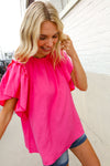 Charming You Rose Woven Frill Mock Neck Flutter Sleeve Blouse