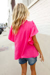 Charming You Rose Woven Frill Mock Neck Flutter Sleeve Blouse