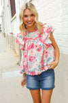 Southern Nights Pink Contrast Binding Floral Flutter Sleeve Top