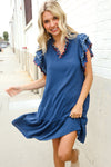 Stand Out Navy Embroidered Double Flutter Sleeve Babydoll Dress