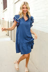 Stand Out Navy Embroidered Double Flutter Sleeve Babydoll Dress