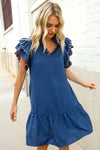 Stand Out Navy Embroidered Double Flutter Sleeve Babydoll Dress
