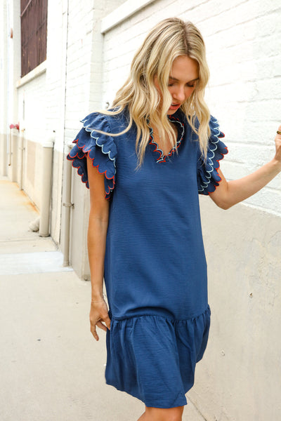Stand Out Navy Embroidered Double Flutter Sleeve Babydoll Dress