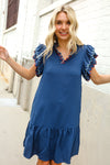 Stand Out Navy Embroidered Double Flutter Sleeve Babydoll Dress