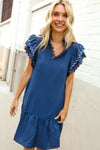 Stand Out Navy Embroidered Double Flutter Sleeve Babydoll Dress