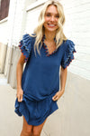 Stand Out Navy Embroidered Double Flutter Sleeve Babydoll Dress
