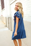 Stand Out Navy Embroidered Double Flutter Sleeve Babydoll Dress