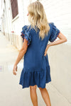 Stand Out Navy Embroidered Double Flutter Sleeve Babydoll Dress
