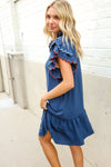 Stand Out Navy Embroidered Double Flutter Sleeve Babydoll Dress