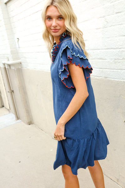 Stand Out Navy Embroidered Double Flutter Sleeve Babydoll Dress