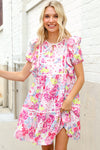 Feeling Femme Pink Floral Print Contrast Binding Babydoll Dress