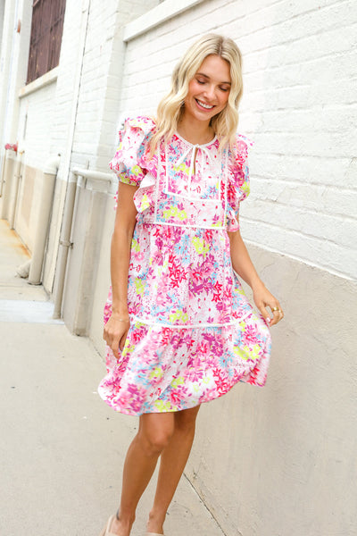 Feeling Femme Pink Floral Print Contrast Binding Babydoll Dress