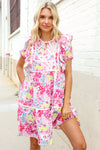 Feeling Femme Pink Floral Print Contrast Binding Babydoll Dress