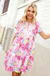 Feeling Femme Pink Floral Print Contrast Binding Babydoll Dress