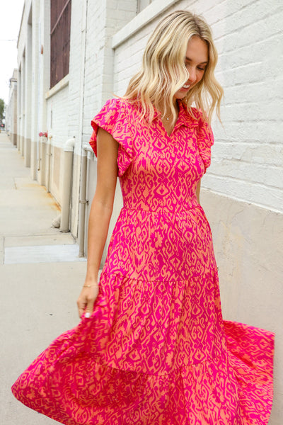 Find Love Fuchsia & Coral Boho Print Flutter Sleeve Dress