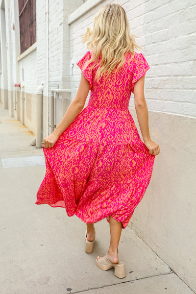 Find Love Fuchsia & Coral Boho Print Flutter Sleeve Dress