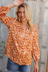 Perfectly You Rust Satin Button-Down V Neck Elastic Sleeve Blouse
