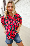 Flower Power Fuchsia Mock Frill Neck Puff Sleeve Blouse