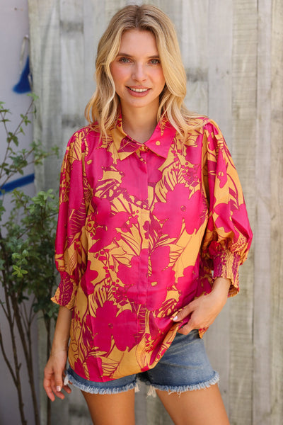 Elegant In Fuchsia & Gold Satin Button-Down Smock Long Sleeve Bouse
