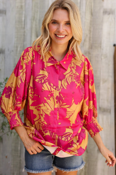 Elegant In Fuchsia & Gold Satin Button-Down Smock Long Sleeve Bouse