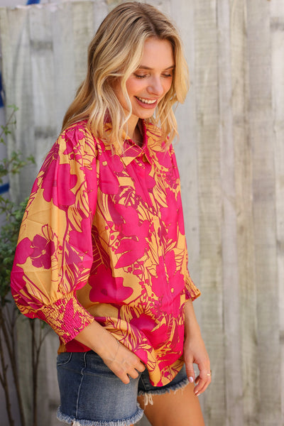 Elegant In Fuchsia & Gold Satin Button-Down Smock Long Sleeve Bouse