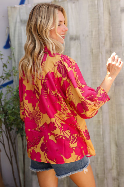 Elegant In Fuchsia & Gold Satin Button-Down Smock Long Sleeve Bouse
