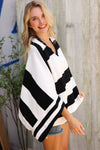 The Traveler Black/White Stripe Dolman Notch Neck Sweater Poncho