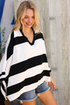 The Traveler Black/White Stripe Dolman Notch Neck Sweater Poncho