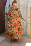 Follow Me Round Neck Animal Floral Print Tie Bow Sleeve Midi Dress