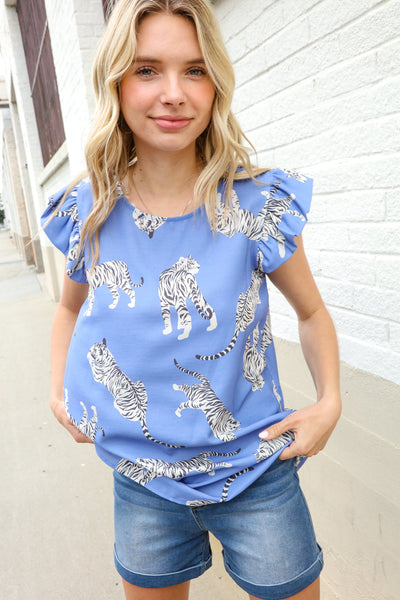 Live Freely Blue Tiger Print Short Frill Sleeve Knit Top