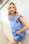 Live Freely Blue Tiger Print Short Frill Sleeve Knit Top