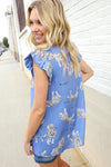 Live Freely Blue Tiger Print Short Frill Sleeve Knit Top