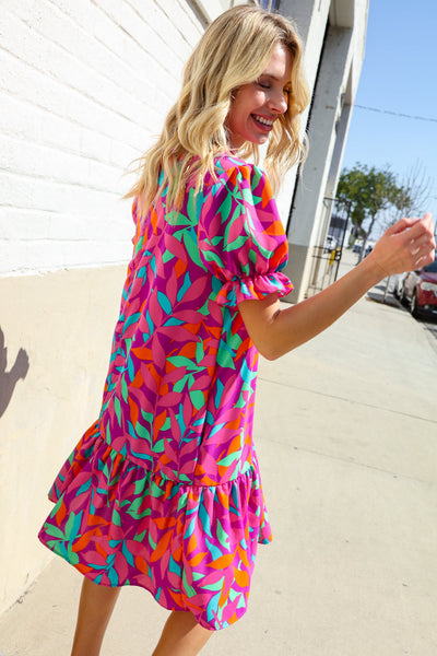 Fuchsia Tropical Leaf Woven Ruffle Hem Pocketed Dress