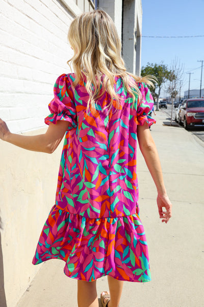 Fuchsia Tropical Leaf Woven Ruffle Hem Pocketed Dress