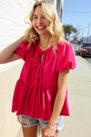 Casual Chic Fuchsia Bow Tie Folded Puff Sleeve Babydoll Top