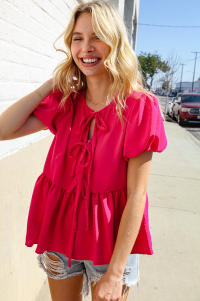 Casual Chic Fuchsia Bow Tie Folded Puff Sleeve Babydoll Top