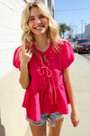 Casual Chic Fuchsia Bow Tie Folded Puff Sleeve Babydoll Top