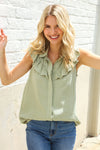 Feeling Femme' Olive Linen Ruffle Collar Botton Down Top