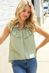 Feeling Femme' Olive Linen Ruffle Collar Botton Down Top