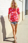 Follow Me Red & Pink Floral Shirred Short Sleeve Knit Top