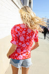 Follow Me Red & Pink Floral Shirred Short Sleeve Knit Top